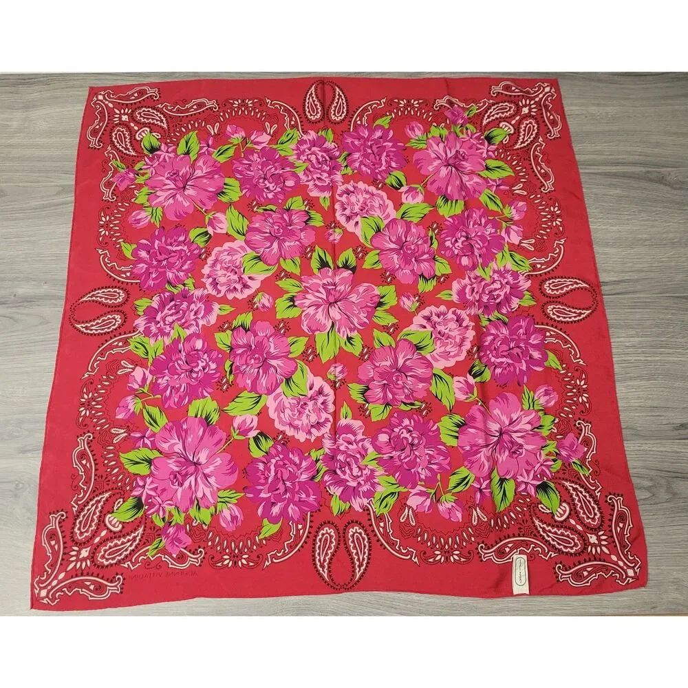 VTG Adrienne Vittadini Red Floral and Paisley Print Square Scarf 100% Silk Japan